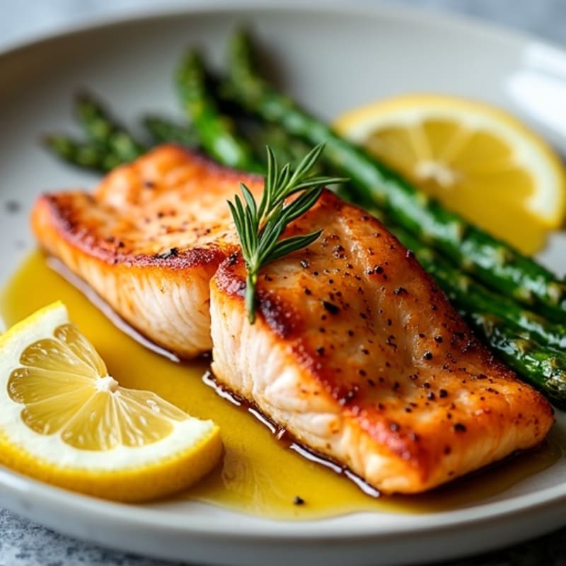 Crispy Pan-Seared Salmon with Roasted Lemon Asparagus