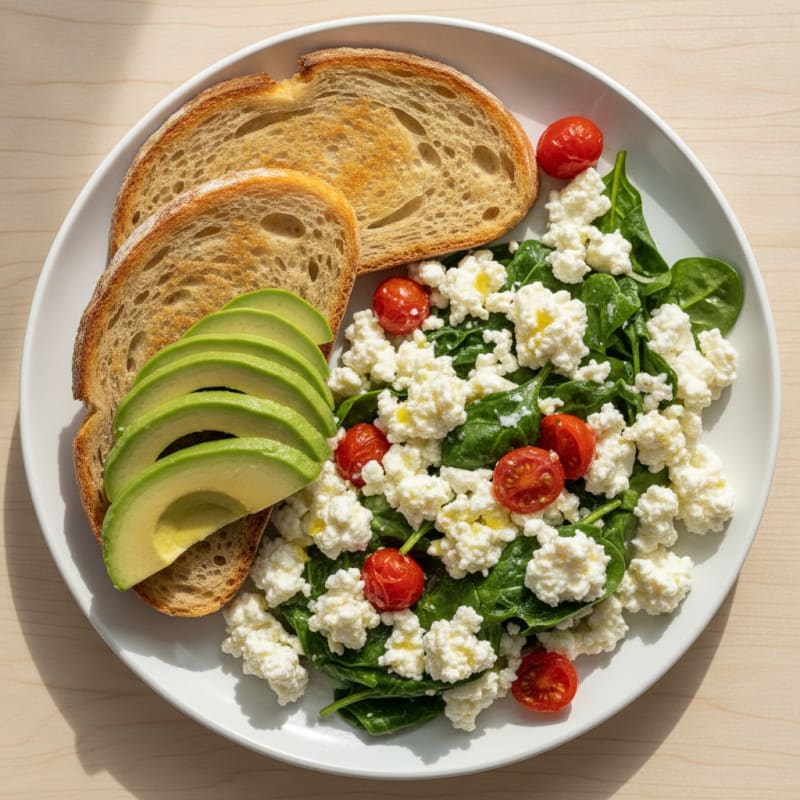 Egg White and Spinach Scramble with Cottage Cheese and Cherry Tomatoes