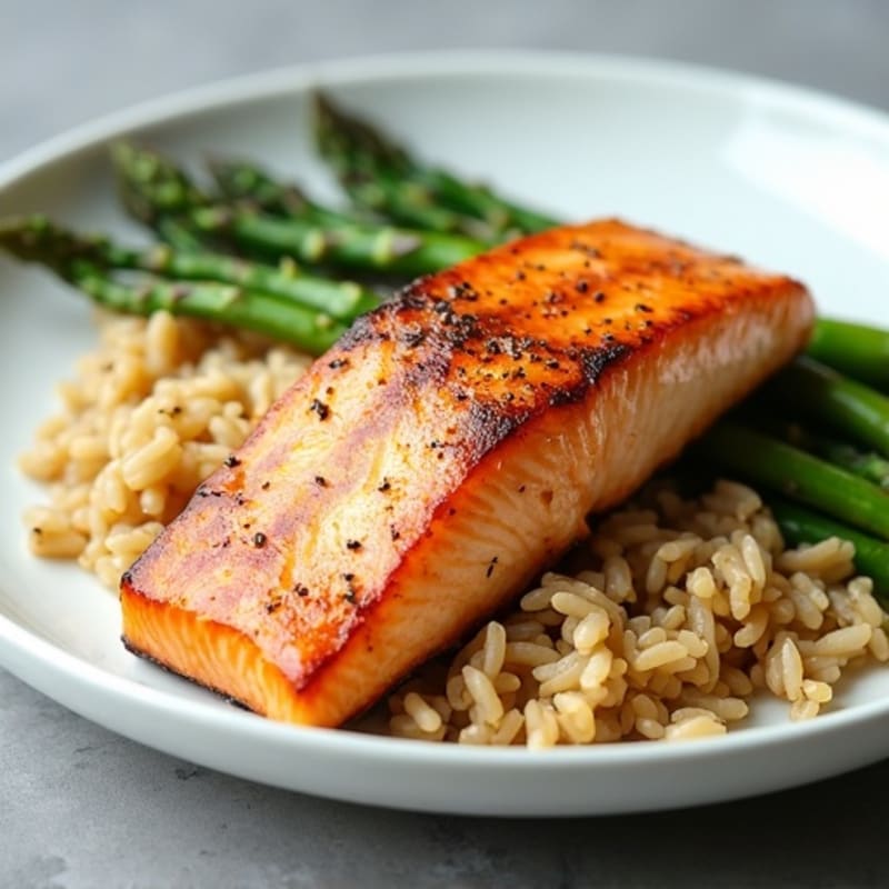 Seared Salmon with Steamed Asparagus and Brown Rice