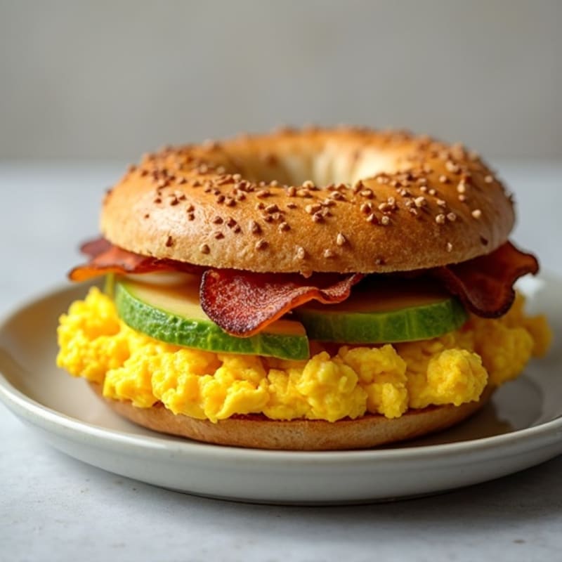 Savory Whole Wheat Bagel Sandwich with Fluffy Eggs and Creamy Avocado