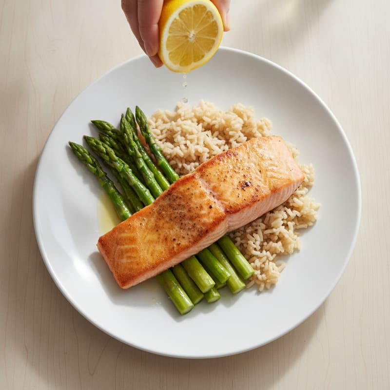 Seared Salmon with Steamed Asparagus and Brown Rice