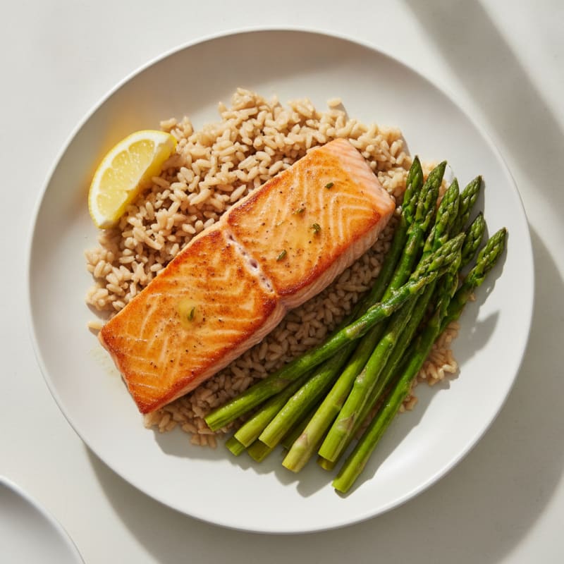 Seared Salmon with Steamed Asparagus and Brown Rice