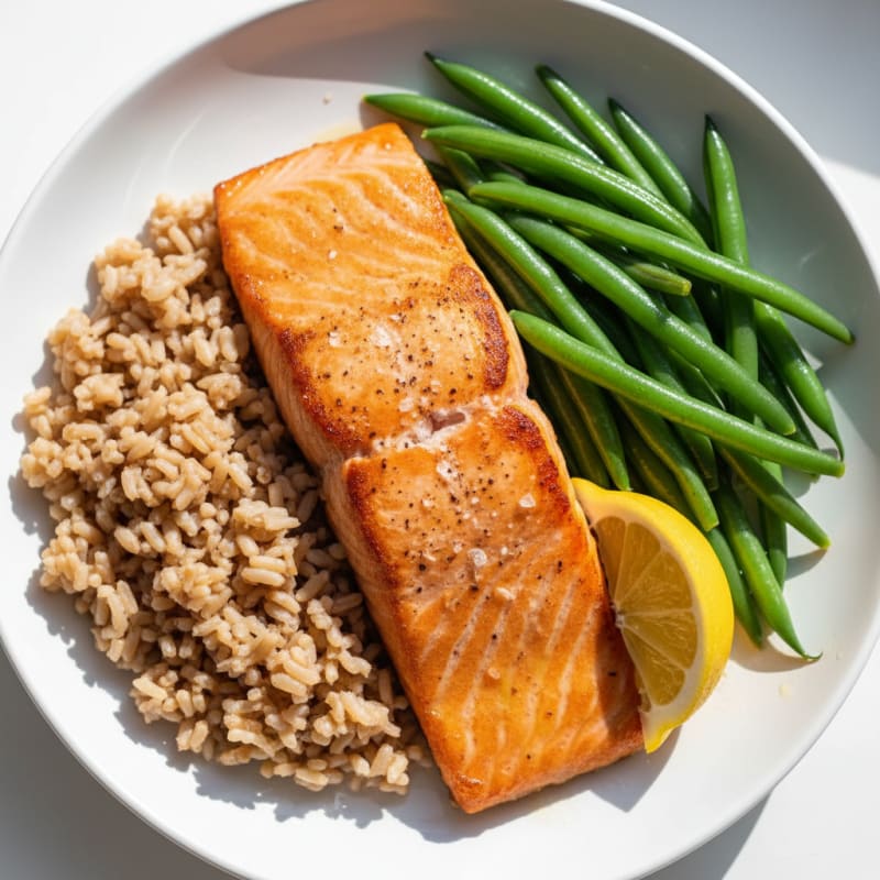 Seared Salmon with Steamed Green Beans and Brown Rice