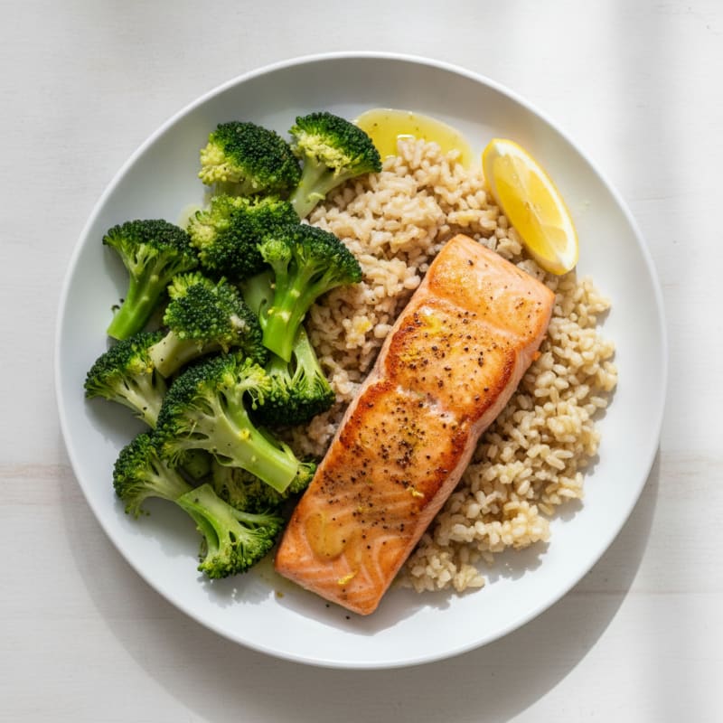 Seared Salmon with Steamed Broccoli and Brown Rice