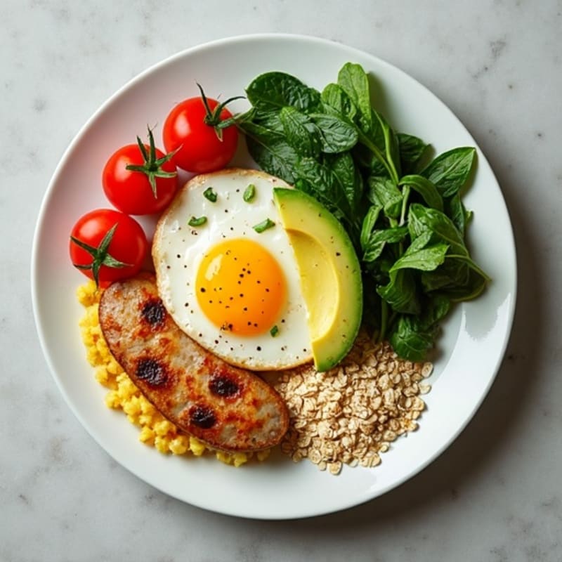 Egg White and Turkey Sausage Scramble with Spinach, Tomatoes, Avocado & Oatmeal