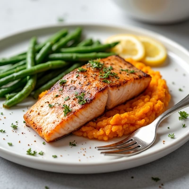 Seared Salmon Fillet with Steamed Green Beans and Sweet Potato Mash