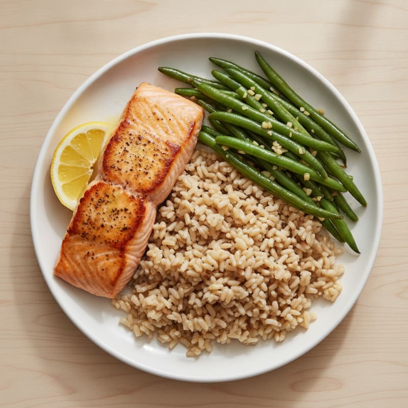 Seared Salmon with Garlic Green Beans and Brown Rice