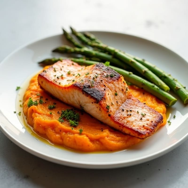 Seared Salmon Fillet with Roasted Asparagus and Sweet Potato Mash