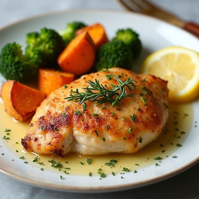 Crispy Lemon Herb Chicken with Roasted Sweet Potatoes and Broccoli