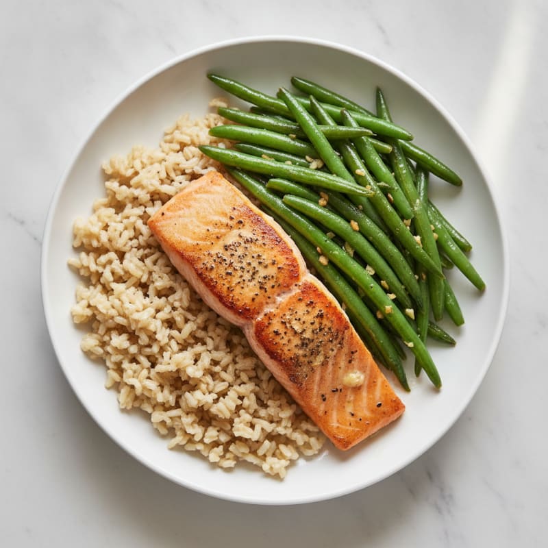Seared Salmon with Garlic Green Beans and Brown Rice