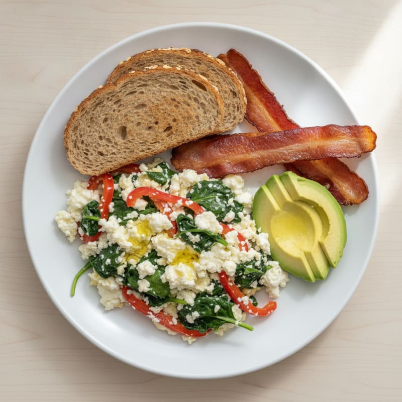 Egg White Veggie Scramble with Cottage Cheese and Turkey Bacon