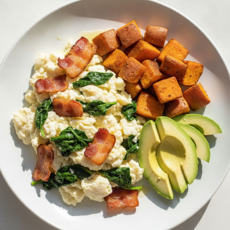 Crispy Turkey Bacon and Egg White Scramble with Sautéed Spinach