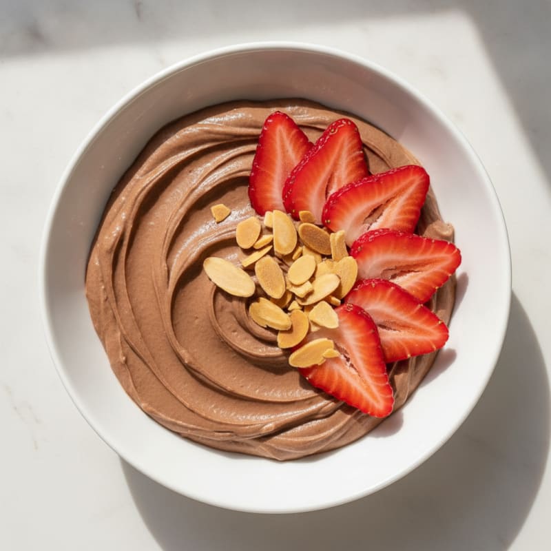 Chocolate Protein Pudding with Sliced Strawberries