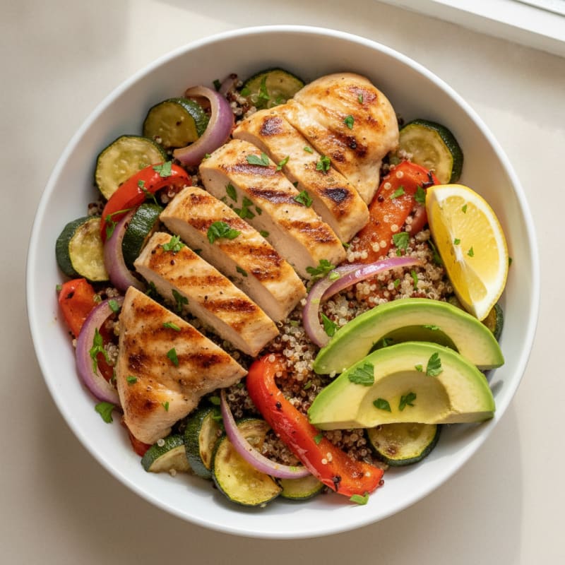 Grilled Chicken and Quinoa Bowl with Roasted Vegetables