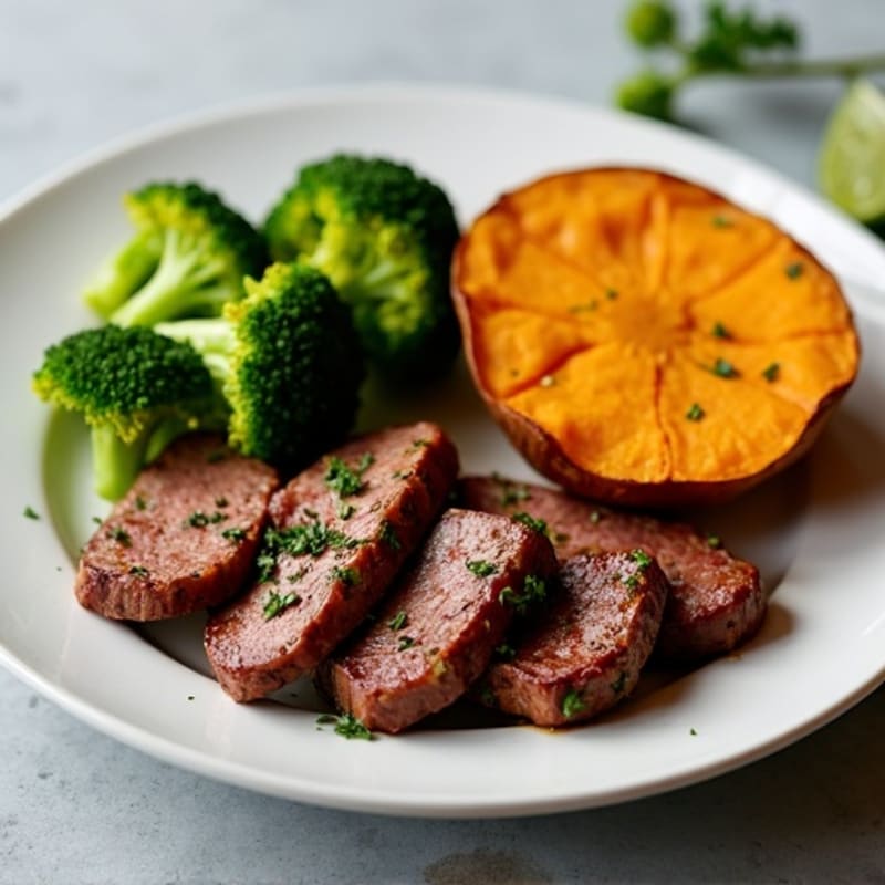 Seared Lean Beef Strips with Roasted Broccoli and Sweet Potato