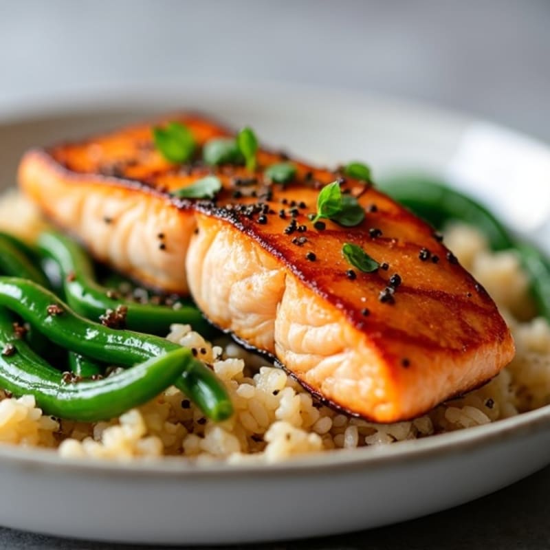Seared Salmon Fillet with Garlic Green Beans and Brown Rice