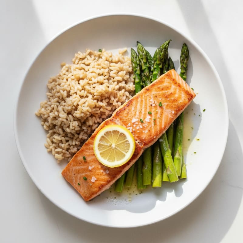 Seared Salmon with Steamed Asparagus and Brown Rice