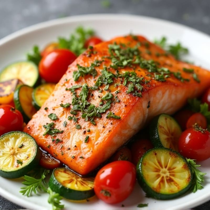 Crispy Sheet Pan Herb-Roasted Salmon with Rainbow Vegetables