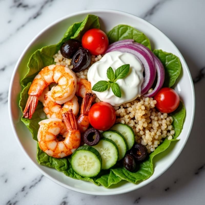 Grilled Shrimp and Quinoa Bowl with Tzatziki and Fresh Vegetables