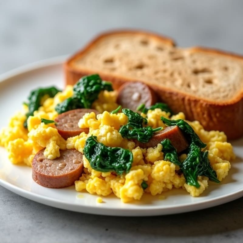Egg White and Turkey Sausage Scramble with Sautéed Spinach