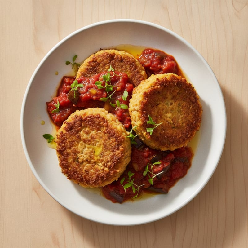 Crispy Lentil Cakes with Roasted Eggplant and Tomato Relish