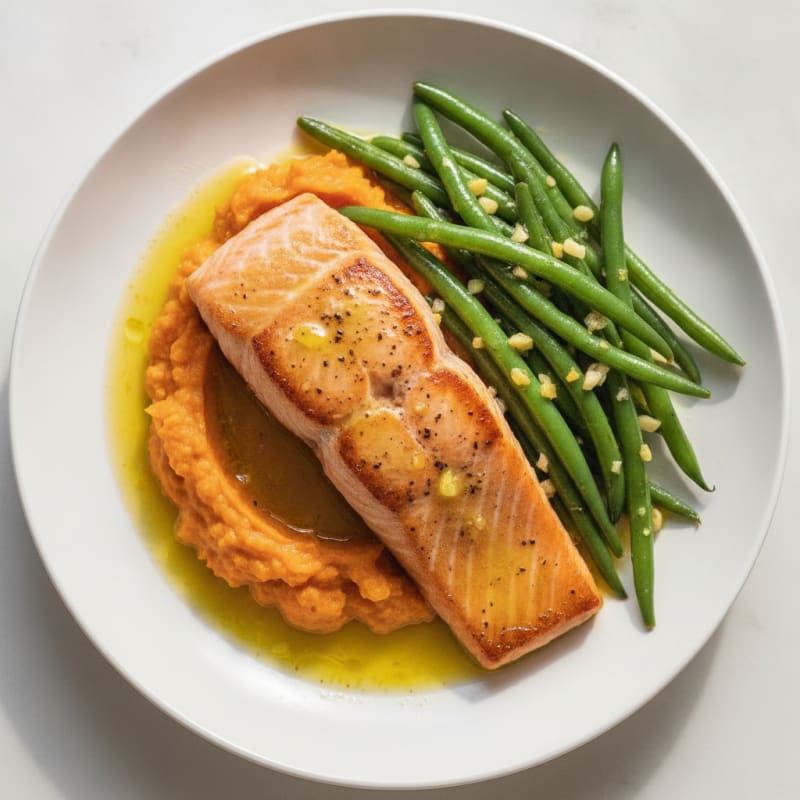 Seared Salmon Fillet with Garlic Green Beans and Sweet Potato Mash