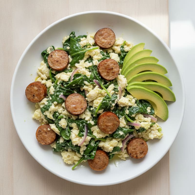 Egg White and Spinach Scramble with Turkey Sausage