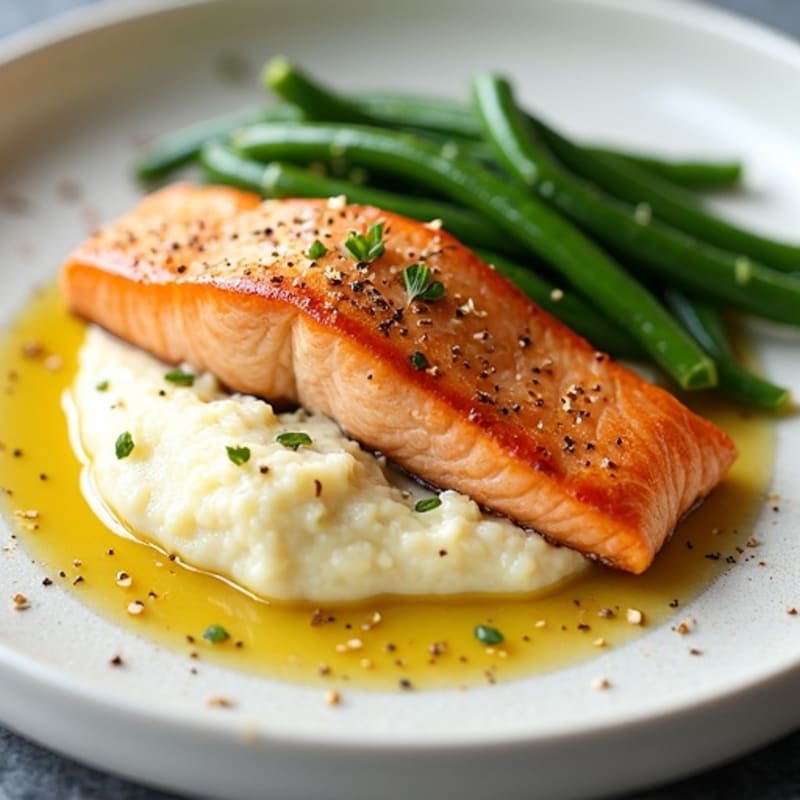 Seared Salmon with Garlic Green Beans and Cauliflower Mash