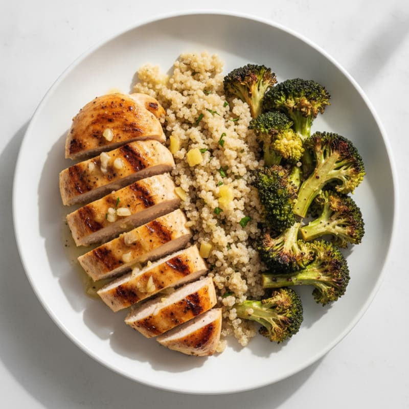 Grilled Lemon Garlic Chicken Breast with Quinoa and Roasted Broccoli