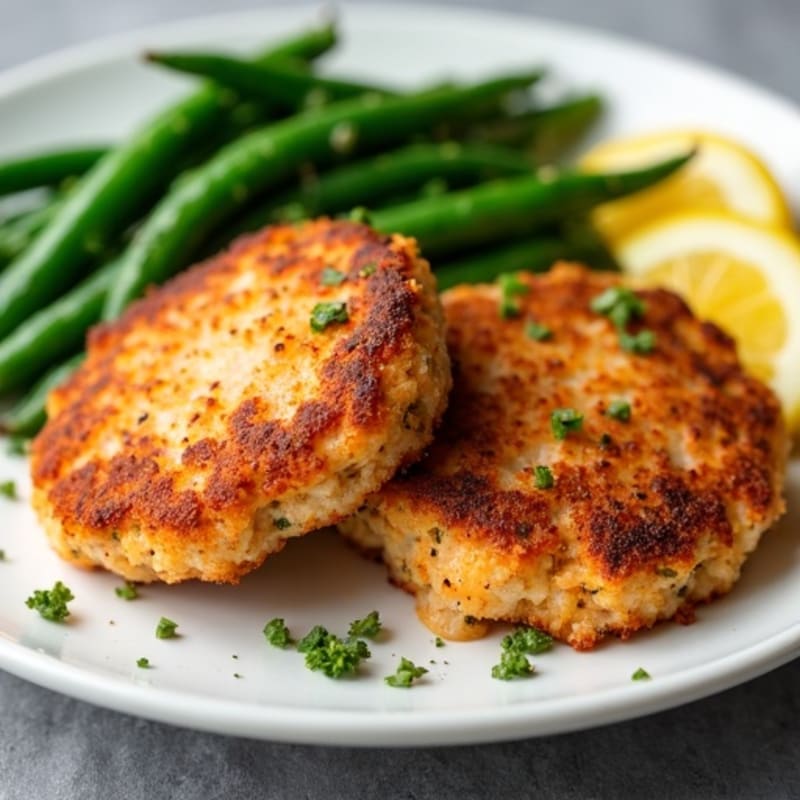 Crispy Pan-Seared Salmon Patties with Roasted Green Beans