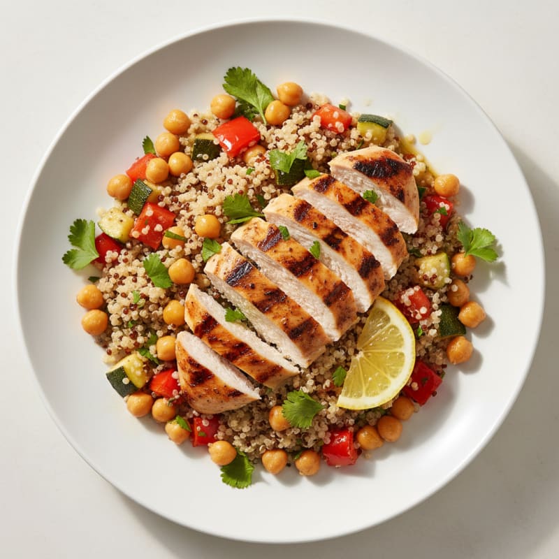 Grilled Chicken and Quinoa Salad with Roasted Vegetables and Chickpeas