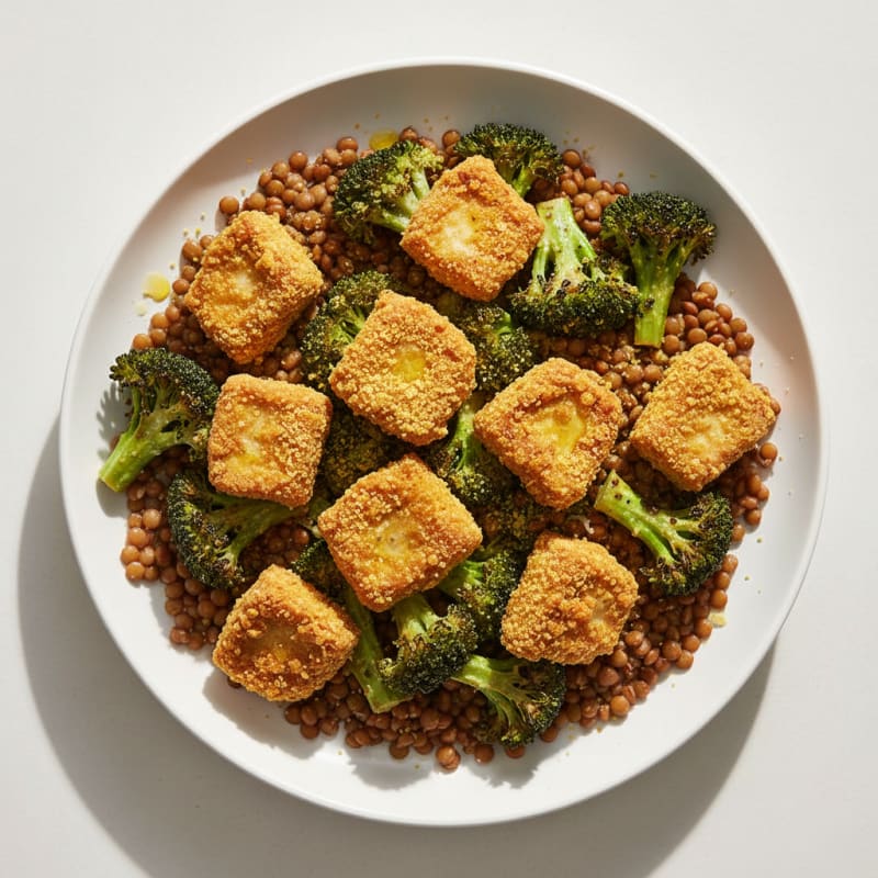 Crispy Tofu and Lentil Power Bowl with Roasted Broccoli