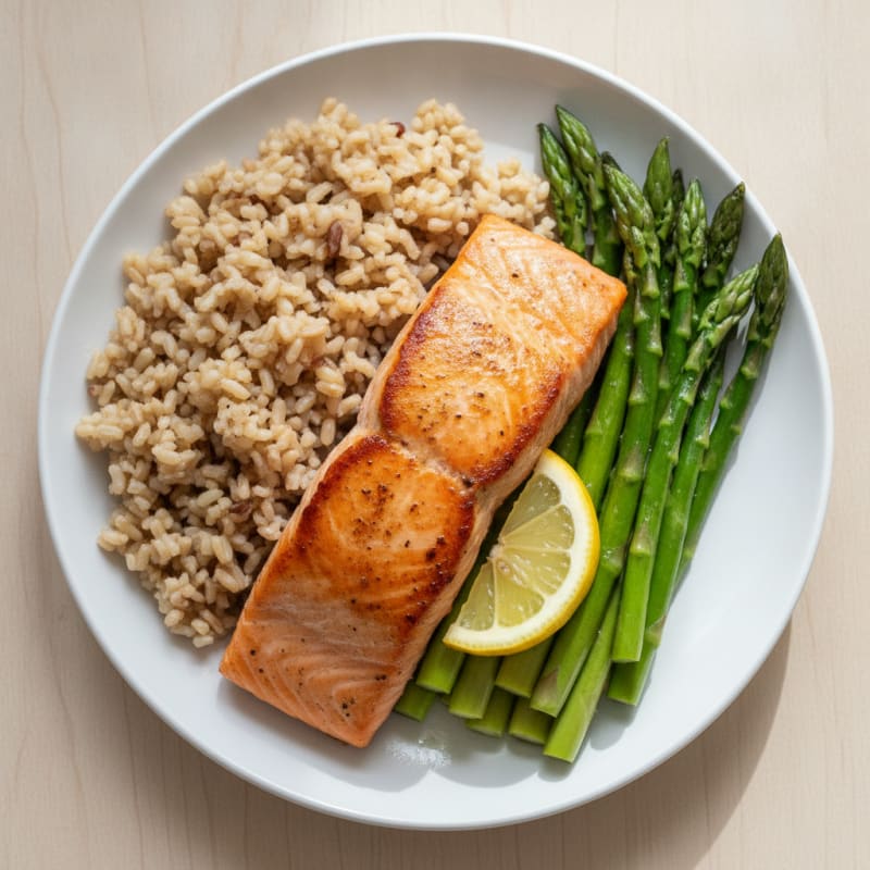 Seared Salmon with Steamed Asparagus and Brown Rice