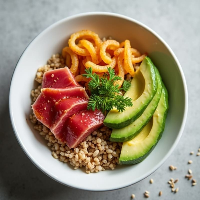 Spicy Tuna and Avocado Rice Bowl with Crispy Cucumbers