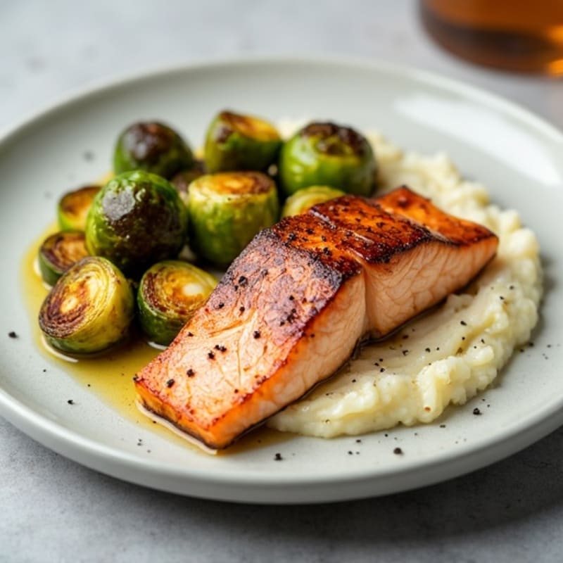 Seared Salmon Fillet with Roasted Brussels Sprouts and Cauliflower Mash