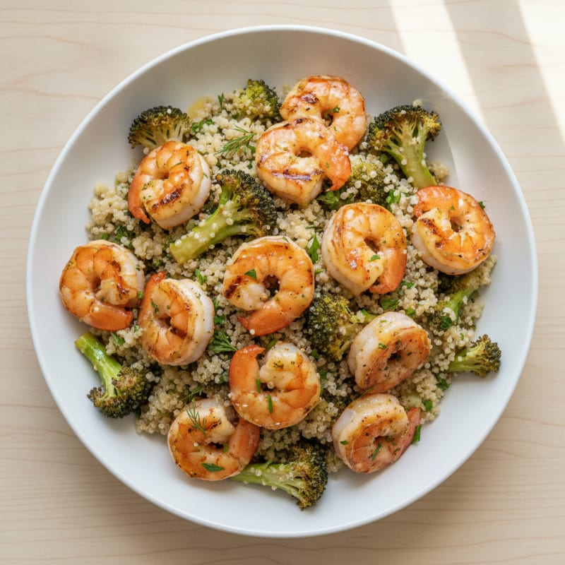 Grilled Shrimp and Quinoa Salad with Roasted Broccoli