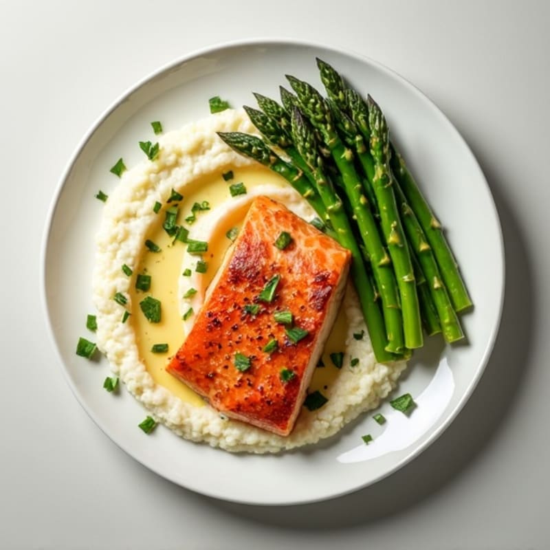 Seared Salmon with Steamed Asparagus and Cauliflower Mash