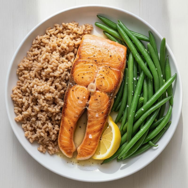 Seared Salmon with Steamed Green Beans and Brown Rice