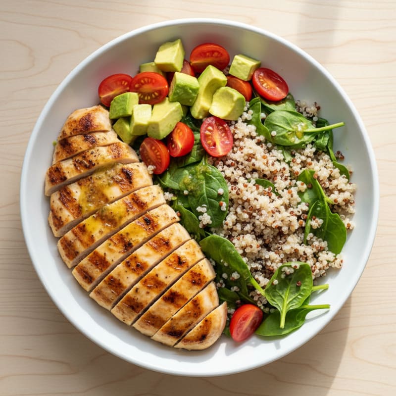 Grilled Chicken and Quinoa Power Bowl with Avocado and Spinach