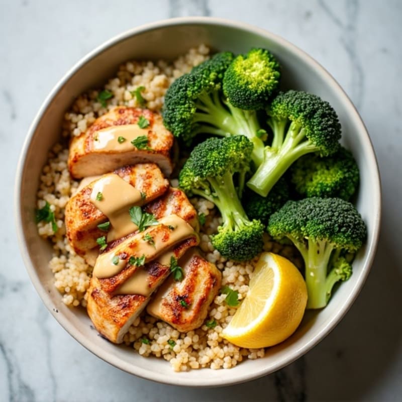 Grilled Chicken and Quinoa Bowl with Crunchy Broccoli and Lemon Tahini Drizzle