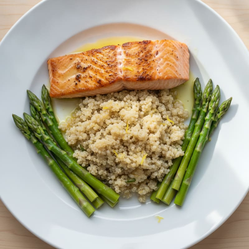 Seared Salmon with Steamed Asparagus and Lemon Quinoa