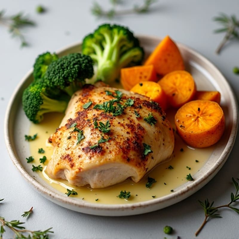 Lemon-Herb Roasted Chicken with Crispy Broccoli and Sweet Potatoes