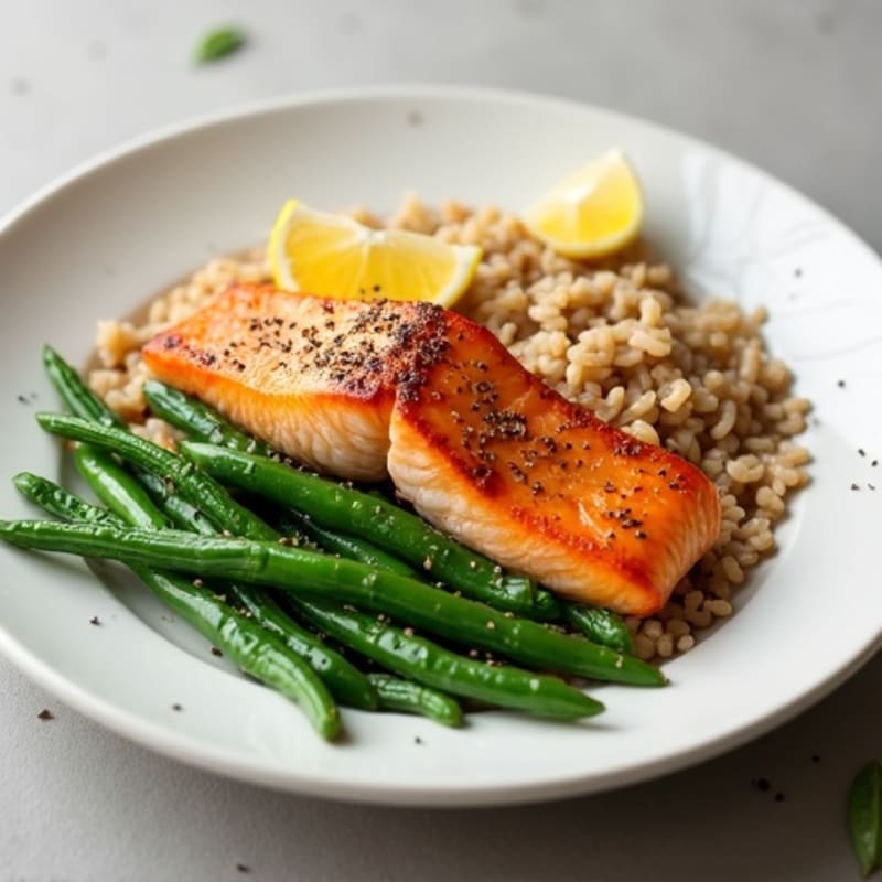 Seared Salmon Fillet with Garlic Green Beans and Brown Rice