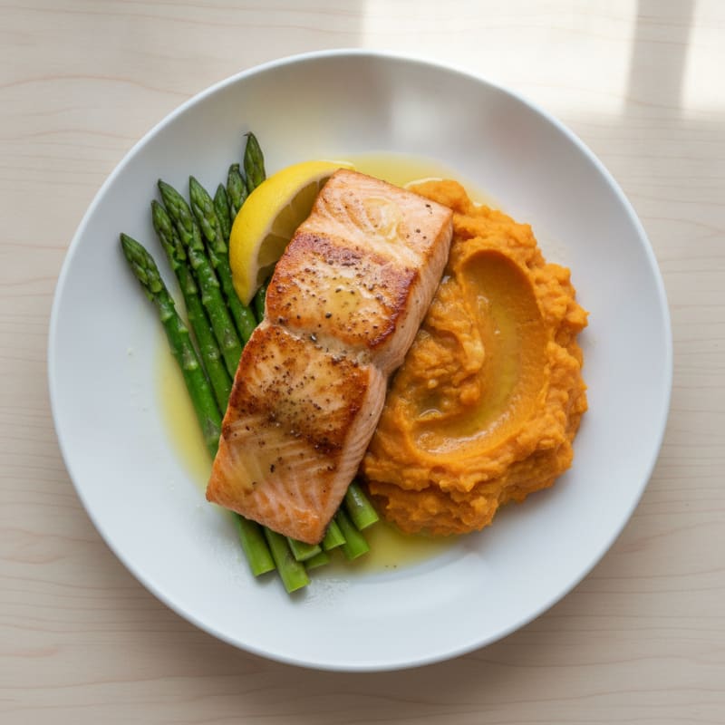 Seared Salmon with Steamed Asparagus and Sweet Potato Mash