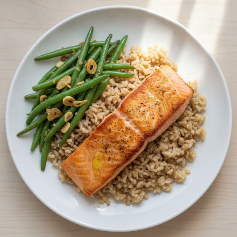 Seared Salmon with Garlic Green Beans and Brown Rice
