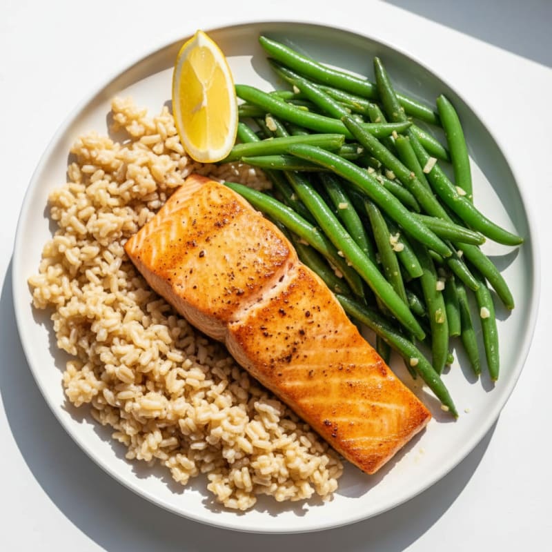 Seared Salmon with Garlic Green Beans and Brown Rice