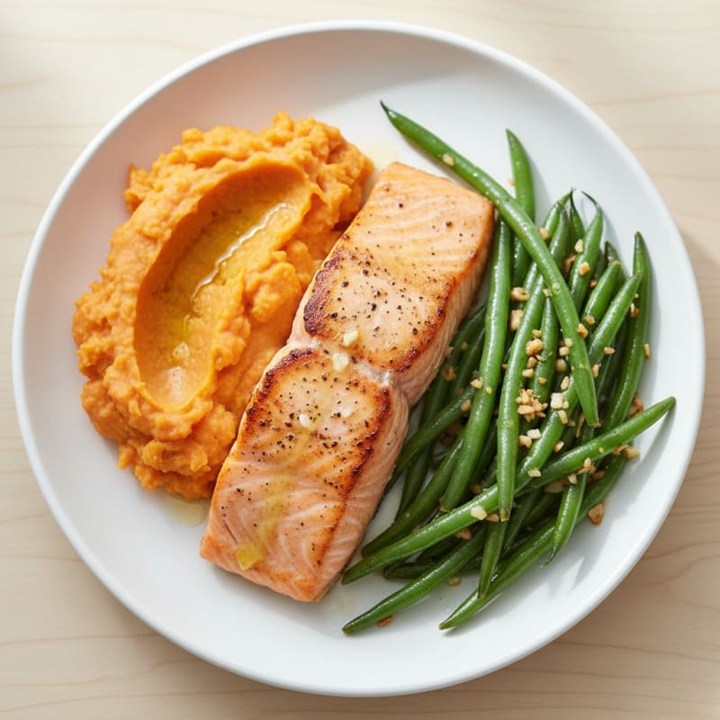 Seared Salmon with Garlic Green Beans and Sweet Potato Mash