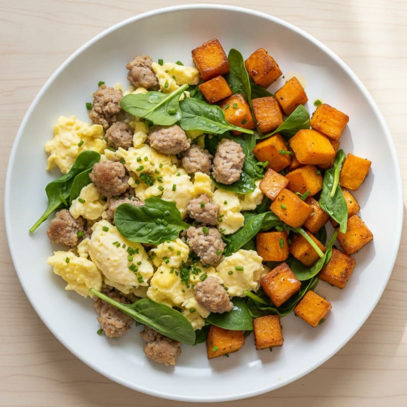 Scrambled Eggs with Turkey Sausage and Roasted Sweet Potato