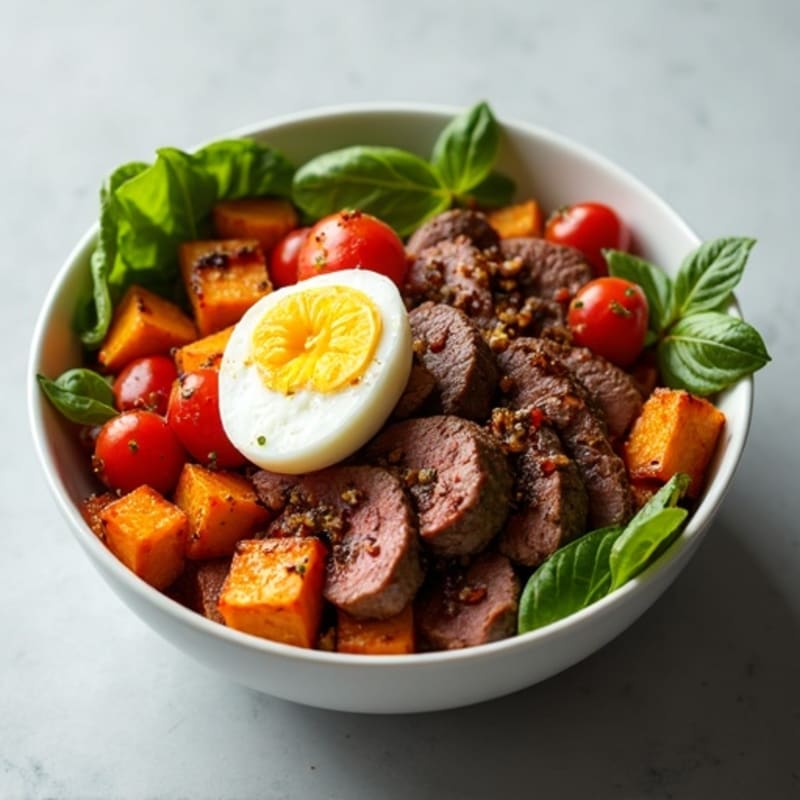 Grilled Beef and Roasted Sweet Potato Bowl with Fresh Fruit Salsa