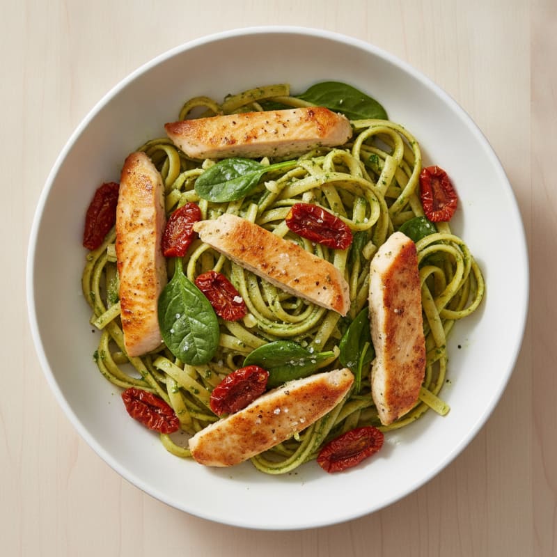 Pesto Chicken Linguine with Sun-Dried Tomatoes